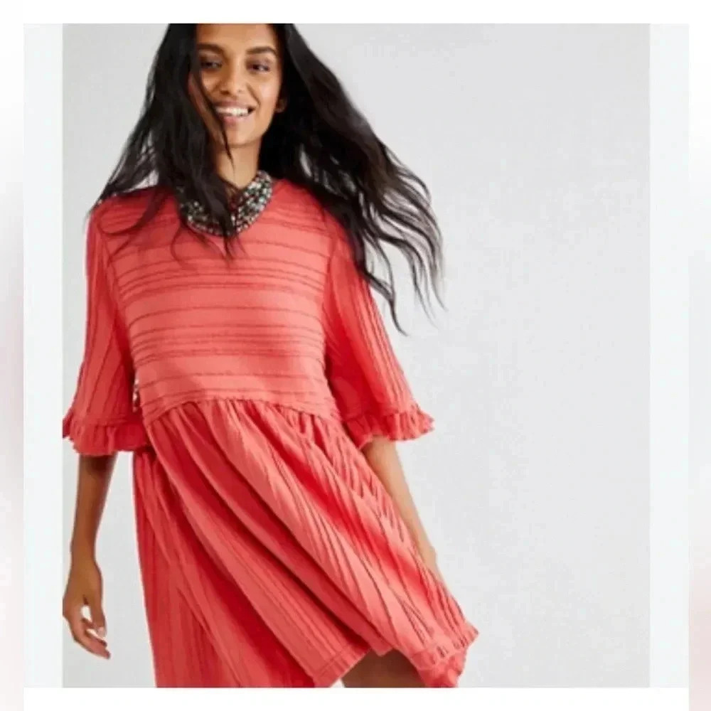 Free People Take A Spin Coral Babydoll Mini Dress Tunic oversized XS